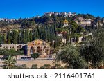 Small photo of Jerusalem, Israel - November 23, 2021: View of Church of All Nations and Mary Magdalene Convent on the Mount of Olives, Jerusalem, israel