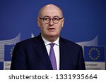 Small photo of Brussels, Belgium. 7th March 2019. Phil HOGAN, EU Commissioner and Tom ARNOLD, Chairman of the Taskforce gives a press conference on the handing of the Rural Africa Taskforce Report and Recommendation