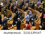 Small photo of Members of the EU Parliament stand and applaud to show their support to Ukraine during an extraordinary Plenary session debating on the Russian aggression in Brussels, Belgium, 01 March 2022.
