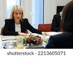 Small photo of Annita Demetriou, Speaker of the House of Representatives of Cyprus meets the Belarusian opposition leader Svetlana Tikhanovskaya in European Parliament in Brussels, Belgium on October 12, 2022.