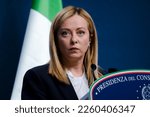 Small photo of Italy's Prime Minister Giorgia Meloni speaks during a press conference after an extraordinary meeting of a EU Summit at The European Council Building in Brussels, Belgium on February 10, 2023.