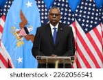 Small photo of US Secretary of Defense Lloyd Austin speaks during a press conference during a two-day meeting of the alliance's Defence Ministers at the NATO Headquarters in Brussels, Belgium on February 14, 2023.