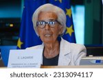 Small photo of Christine Lagarde, President-designate of the European Central Bank (ECB), attends in a European Parliament's Committee on Economic Affairs at the EU Parliament in Brussels, Belgium on June 5, 2023.