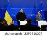 Small photo of Press conference by President of European Parliament Roberta Metsola and Ruslan STEFANCHUK, Speaker of the Ukrainian Parliament (Verkhovna Rada) in Brussels, Belgium on Nov. 28, 2023.
