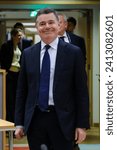 Small photo of Paschal DONOHOE, Minister for Finance arrives to attend in a meeting of Eurogroup Finance Ministers, at the European Council in Brussels, Belgium on Jan. 15, 2024.