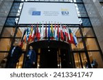 Small photo of A view of a banner in the EU Council offices marking the taking over of the rotating presidency of the European Council by Belgium in Brussels on January 16, 2024.