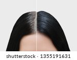 Head of a girl with black gray hair. Hair coloring. Before and after. Close-up.