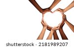 Small photo of Unity and diversity are at the heart of a diverse group of people connected together as a supportive symbol that represents a sense of teamwork and togetherness. Symbol and shape created from hands.