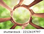 Small photo of International Human Solidarity Day concept: Human hands in shape of circle. Unity, world peace concept. World environment day on forest nature background. Unity, world peace, World environment day.