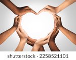 Small photo of Unity and diversity are at the heart of a diverse group of people connected together as a supportive symbol that represents a sense of and togetherness. Symbol and shape created from hands.