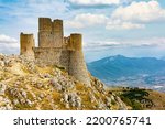 The Castle of Rocca Calascio mountain top fortress or rocca  in the Province of L'Aquila, Abruzzo, central Italy, Europe. Located in the Gran Sasso e Monti della Laga National Park. Panoramic view.