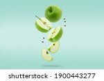 Stack of green Apple falling or flying.Creative levitation food