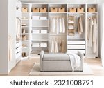 Small photo of A cozy bedroom with white walls and a closet, featuring clothes hung up in neat fashion