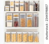 Small photo of Shelves with different kinds of pasta and seasonings in glass jars on white background, Food Storage Container Set