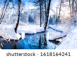 Winter River In Snow Forest...