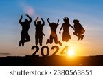 Small photo of Happy group of people celebrate jump for new year 2024. concept for win victory. silhouette of friends jumps at sunset time on mountains.