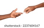 Small photo of Hands reaching out to help or give. Two male hands trying to touch like in the creation of Adam isolated on white background