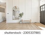 Small photo of Living room interior with white decor arched mirror and built in shelving warm white tone minimalist