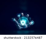 Small photo of Shield lock button and personal information, finance, mail, phone icons on hand while scanning by five fingers to access. Cyber security, data protection, and business privacy technology concept.
