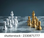 Small photo of Team of luxury golden and silver chess pieces with king and pawn standing on hexagon pattern floor background. Competition, game, war, partnership, versus, encounter, confront and planning concepts.
