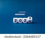 Loading to Merry christmas and begin a happy new year 2024 banner background. Loading, text appears on white flipping blocks with 2023 change to 2024 year numbers on blue background, minimal style.