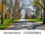 A shaded tree lined street of Victorian and historic homes across from the city park with the lake in view in historic Fort Grounds district of Coeur d