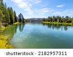 The scenic Pend Oreille River in Priest River, Idaho, in the Northern Idaho panhandle on a summer day.