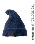 Small photo of Dark blue fashionable knitted Rapper, Beanie or Baseball hat or cap isolated on white background. Clipping path. Macro. Fishing or Dockworkers hood. Label space.