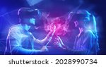 Small photo of Future digital technology cyber virtual game entertainment metaverse, Teenager having fun play game VR virtual reality goggle, sport game 3D cyber space futuristic metaverse NFT game background