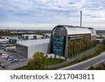 Small photo of LEEDS, UK - OCTOBER 3, 2022. An aerial view of the Veolia Recycling and Energy Recovery Plant in Leeds with a living wall or vertical garden for net zero output and carbon capture