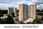 Small photo of KILLINGBECK, LEEDS, UK - AUGUST 25, 2023. Abandoned 1960's tower blocks on a council estate in Killingbeck, Leeds that have been condemned and ready for demolition or re-development after investment