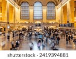 Small photo of GRAND CENTRAL TERMINAL STATION, NEW YORK, USA - SEPTEMBER 15, 2023. Landscape of the interior of The main Concourse hall in Grand central Station with crowds of people rushing at peak time