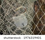 Small photo of An old padlock is hanging from a barbed wire with cobwebs in an open state. Conception of the need to declassify all sorts of old secrets
