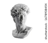 Small photo of Gypsum statue of David's head. Michelangelo's David statue plaster copy isolated on white background. Ancient greek sculpture, statue of hero