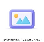 Image, photo, jpg file. Mountains and sun landscape. Picture in a frame. 3d vector icon. Cartoon minimal style.