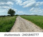 Small photo of Track crossing hills, past walls, and fields, and on the horizon, Sharp Haw and Rough Haws hills near, Stirton, UK
