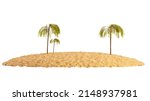 Sandy island with palm trees isolated on a white background. Piece of round beach with sand. Tropical island, 3d render.