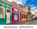 Colorful colonial houses at the historic district of Pelourinho and Santo Antonio in Salvador da Bahia, Brazil.