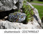 Small photo of You Rock motivational message on kindness stone in rock crevice with succulent plant