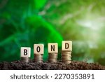 Small photo of bond on a wooden block placed on a coin with green bokeh nature background in investment bond concept Raising Funds to Fund the Green Bond Program