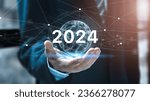 Small photo of Global network, New Year 2024 ideas, New Year's card ideas for business people, 2024 trends and business growth plans. Using networks and AI or artificial intelligence to increase profits in 2024