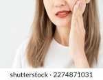 Small photo of Asian woman feel toothache from gingivitis, female suffer tooth, decay problems, dental care. sensitive tooth, decay problem, bad breath, Gingival Recession, Oral Hygiene instruction, tooth extraction