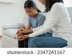 Small photo of asian mother support daughter discussing study problems. Parent encourages and empathy child suffers depression. psychological, trust, care, cry, expectation, teen problems, bullying, learn problem