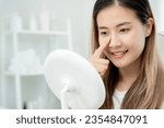 Small photo of plastic surgery, beauty asian smile and happy after surgery, surgical procedure that involve altering shape of nose, doctor examines patient nose before rhinoplasty, medical assistance, health