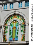 Small photo of Ho Chi Minh City, Vietnam - May 22 2022: The masterpiece by color glass on the window of Viacom center. Decoration by color glass is popular in Vietnam.