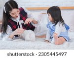 Small photo of The bond between beautiful asian woman with little girl and the dog was palpable and it was clear that they were the best of friends.