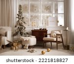 Amazing and cozy christmas living room interior with shelf, boucle armchair, pouf, mock up poster, christmas tree, gifts, decoration, lights, big window and elegant accessories. Family time. Template.