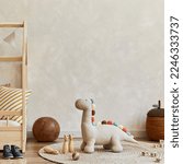 Small photo of Stylish composition of cozy scandinavian child's room interior with wooden bed, plush and wooden toys and textile hanging decorations. Creative wall, carpet on the floor. Copy space. Template