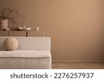 Small photo of Minimalist composition of aesthetic living room interior with copy space, modular sofa, brown sideboard, vase with branch, round pillow and personal accessories. Home decor. Template.