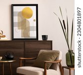 Small photo of Interior design of harmonized living room with brown commode, design boucle armchair, coffee table, decoration, mock up poster frame and elegant personal accessories. Modern home decor. Template.